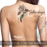 Realistic rose and precious stone with feather tattoo design high resolution download
