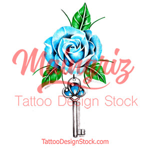 Realistic rose with precious stone and key tattoo design high resolution download