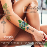 Realistic rose with precious stone and key tattoo design high resolution download