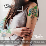 Realistic rose with precious stone and key tattoo design high resolution download