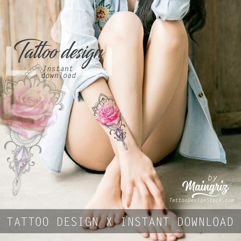 Realistic rose with precious stone tattoo design high resolution download