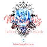 Realistic rose with precious stone  tattoo design high resolution download
