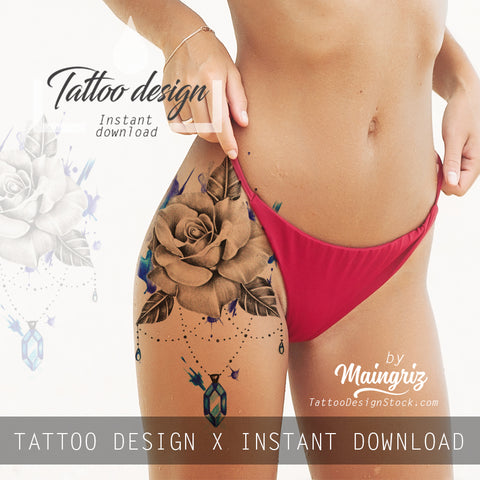 Realistic rose and saphir  tattoo design high resolution download