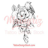 Rose with bird linework tattoo design high resolution download