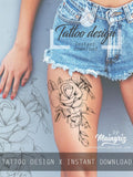 Rose with bird linework tattoo design high resolution download