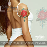 Realistic rose and precious stone tattoo design high resolution download