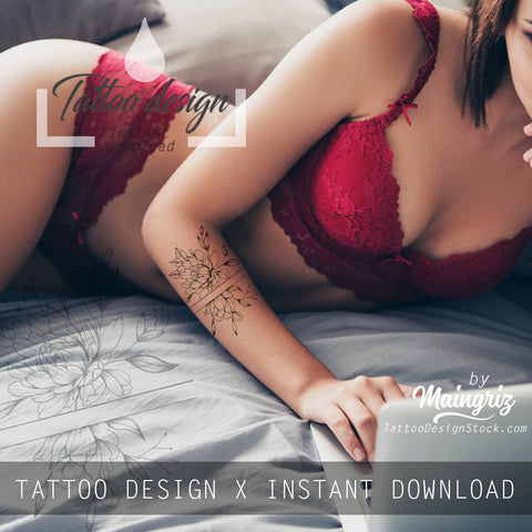 Sexy peony linework forearm tattoo design high resolution download