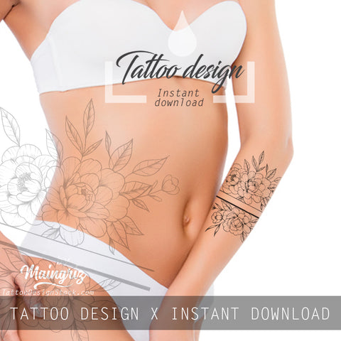 Sexy peony linework forearm tattoo design high resolution download