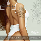 sexy peony linework half sleeve tattoo high resolution download
