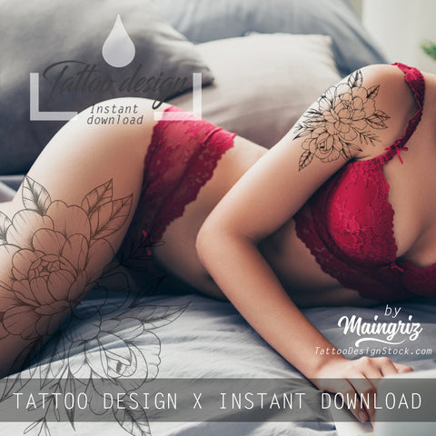 Sexy peony linework half sleeve high resolution download