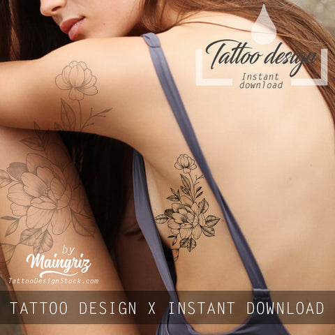 Sexy peony linework sideboob  tattoo design high resolution download
