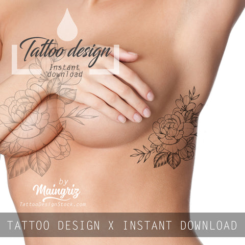 Sexy peony linework sideboob tattoo design high resolution download