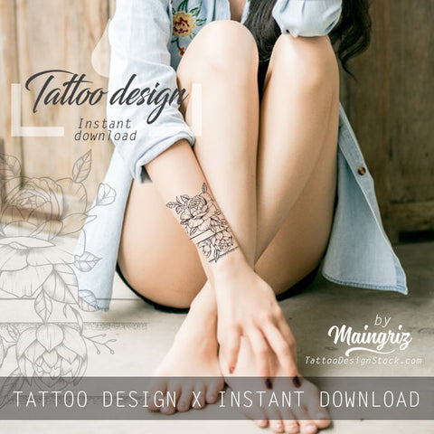 Sexy peony linework forearm tattoo design high resolution download