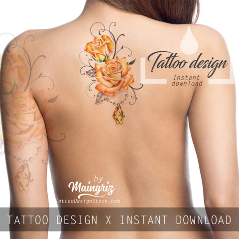Sexy precious stone with realistic rose tattoo design high resolution resolution