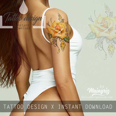 Sexy precious stone with realistic rose tattoo design high resolution download
