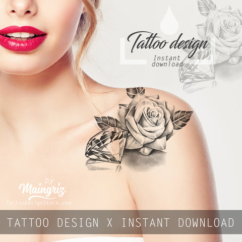Sexy realistic rose with diamond tattoo design high resolution download