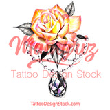 Sexy realistic rose with precious stone tattoo design high resolution download