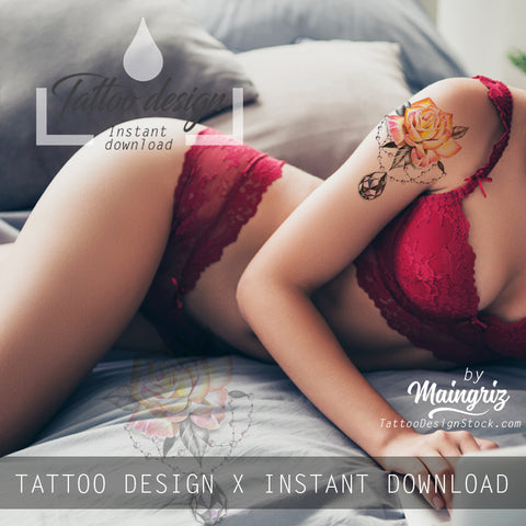 Sexy realistic rose with precious stone tattoo design high resolution download