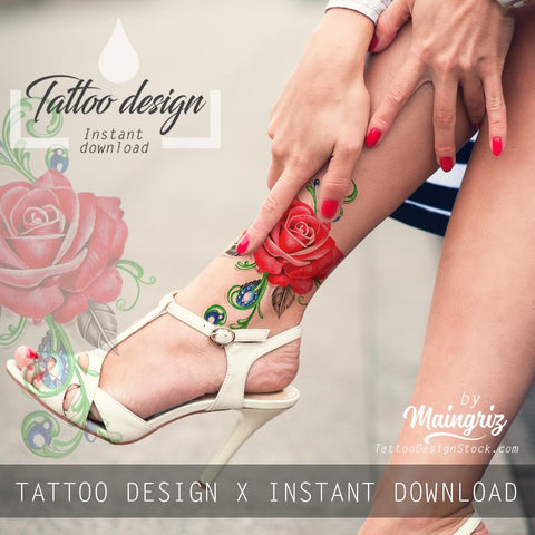 Sexy realistic rose with precious stone tattoo design high resolution download
