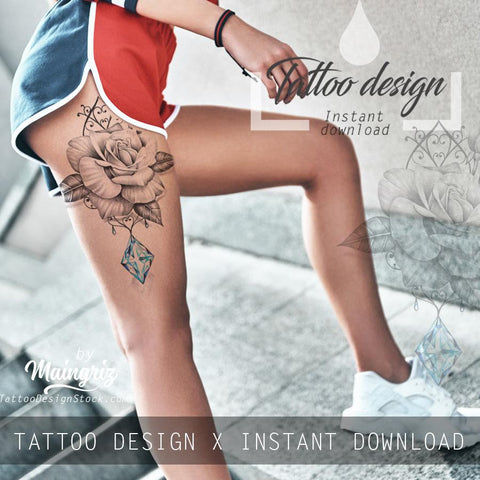Sexy rose realistic rose with precious stone- download tattoo design