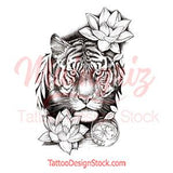 Realistic tiger with lotus tattoo design high resolution download