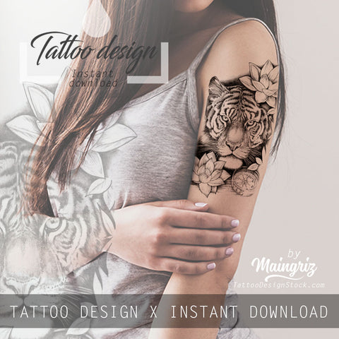 Realistic tiger with lotus tattoo design high resolution download