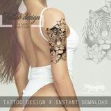 Realistic tiger with lotus tattoo design high resolution download