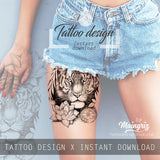 Realistic tiger with lotus tattoo design high resolution download