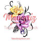 Two realistic roses with precious stone tattoo design high resolution download