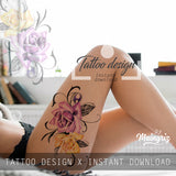 Two realistic roses with precious stone tattoo design high resolution download