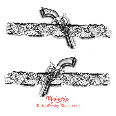 Amazing Gun in lace garter tattoo design