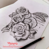 Roses butterfly pearls and feathers - download tattoo design #16