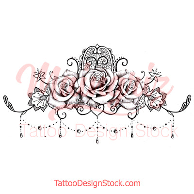sexy lace garter with 3 roses and pearls tattoo design reference