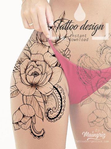 sexy oriental linework rose tatoo design