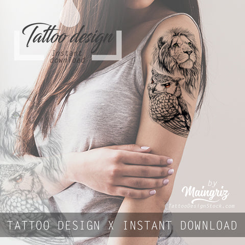Realistic lion and owl tattoo design high resolution download