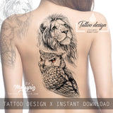 Realistic lion and owl tattoo design high resolution download