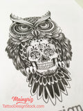 owl with sugar skull tattoo design digital download by tattoo artists