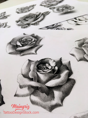 5 realistic roses digital tattoo designs in black and grey style
