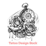 clock and roses with lace tattoo design