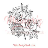 5 Oriental roses with pearls and mandala tattoo design instant download
