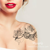 shoulder rose with lace and pearls tattoo design