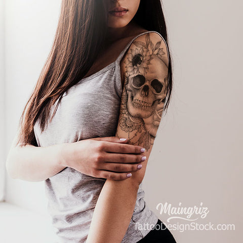skull and rose with lace half sleeve tattoo design 