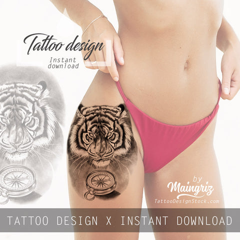 Realistic tiger and compass tatoo design high resolution download