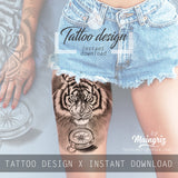 Realistic tiger and compass tatoo design high resolution download