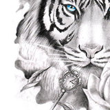 realistic tiger with key and rose tattoo design references