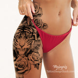 tiger and realistic rose leg tattoo design references