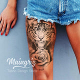 tiger and realistic rose leg tattoo design references