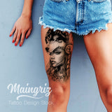 Native american woman with wolf tattoo design 